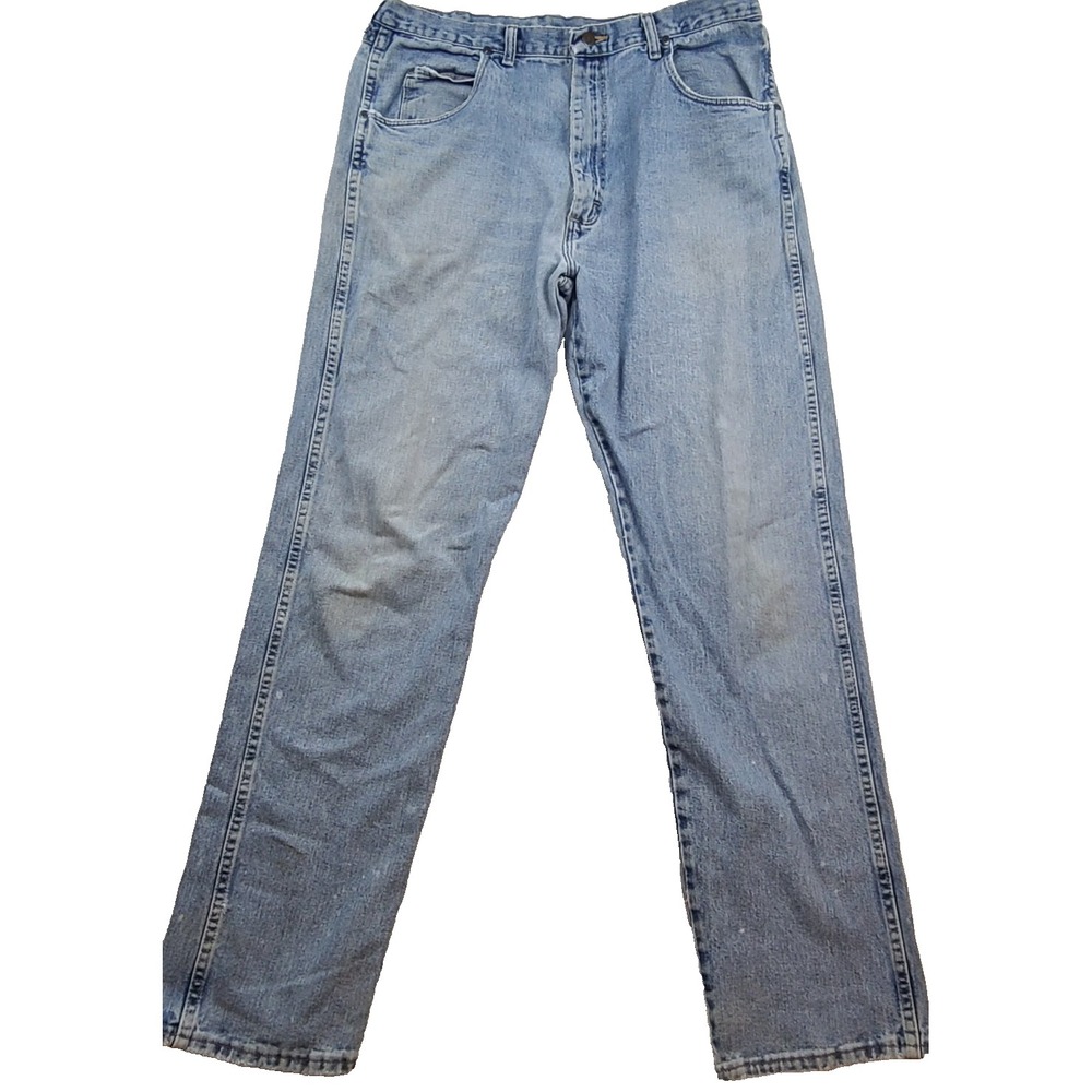 Wrangler Rugged Wear Mens 38x34 Relaxed Fit Straight Leg Jeans Blue Denim 35001